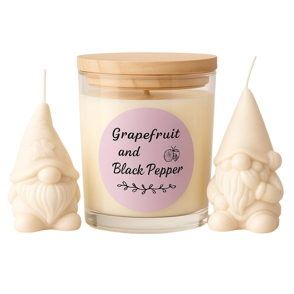 Grapefruit & Black pepper; 6oz candle with 2 matching gnome wax melts