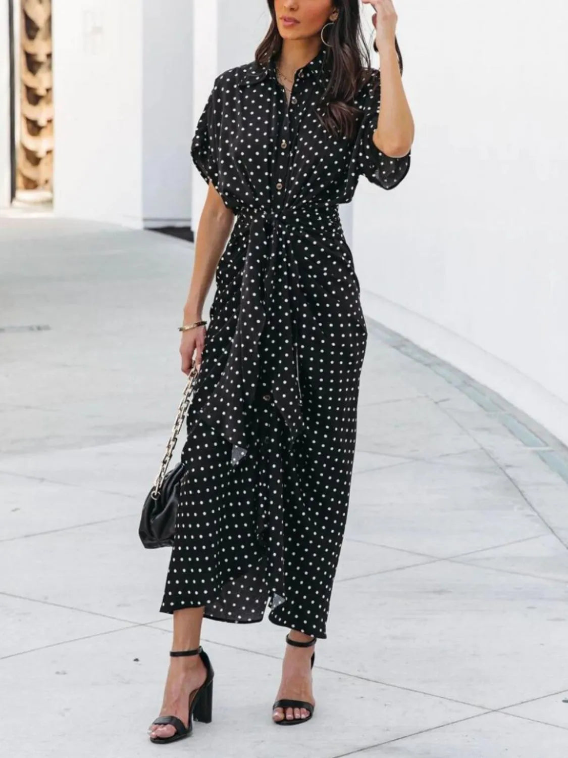 Polka Dot Short Sleeve Midi Dress