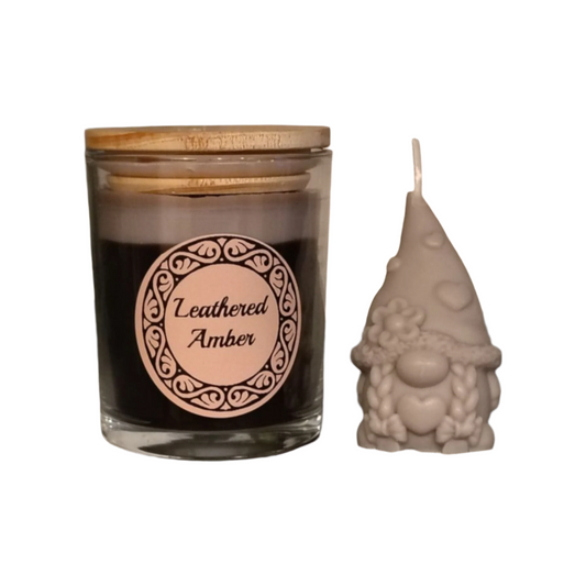 Leathered Amber; 6oz candle with matching gnome wax melt