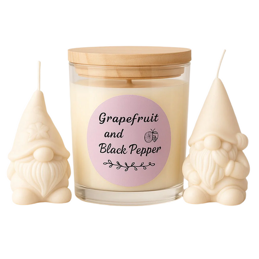 Grapefruit & Black pepper; 6oz candle with 2 matching gnome wax melts