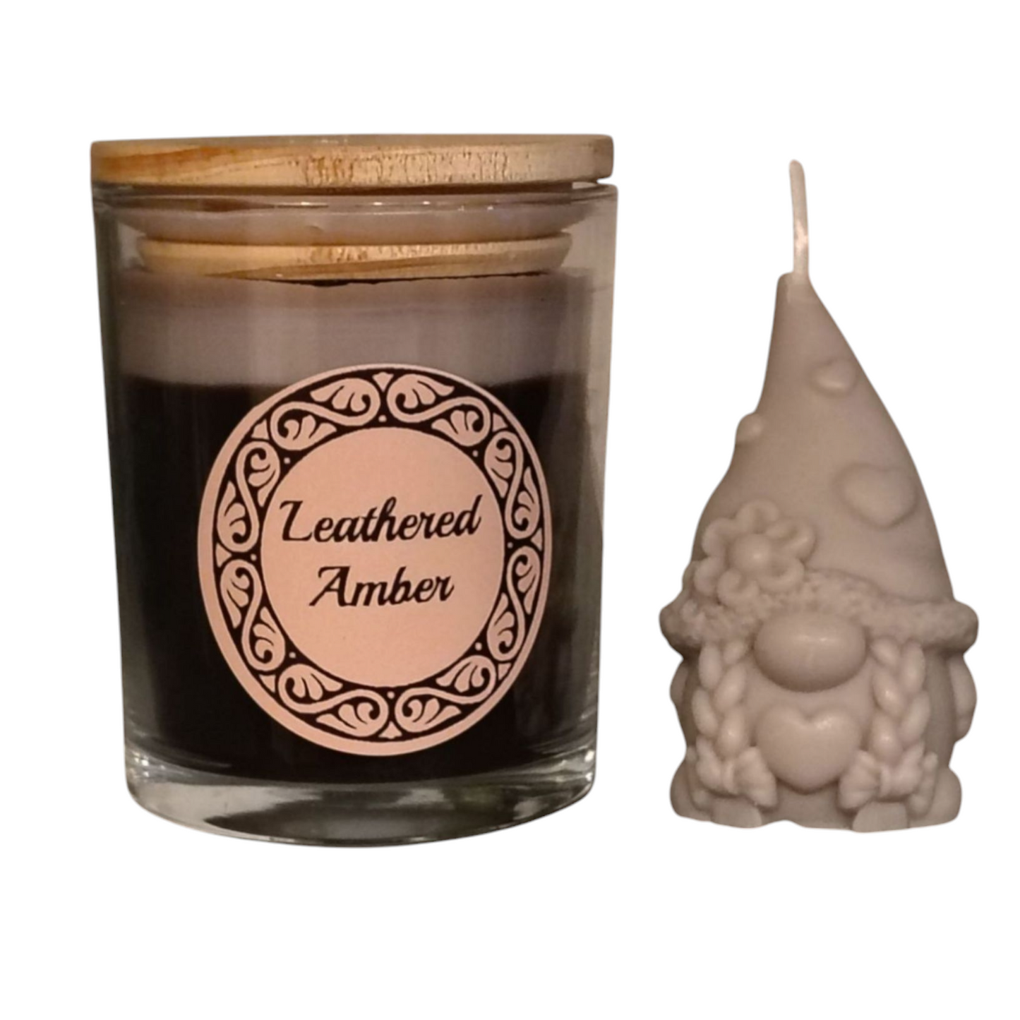 Leathered Amber; 6oz candle with matching gnome wax melt